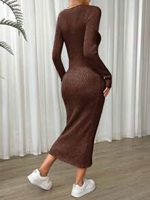 SHEIN Essnce Solid Ribbed Knit Sweater Dress - Coffee Brown - View 2