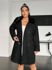 SHEIN EZwear Hơn Cổ áo Borg Đôi ngực Áo khoác - màu đen - Xem 5