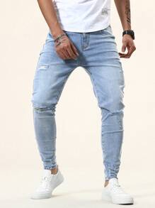 Manfinity Homme Nam Đau khổ Denim mùa giặt Quần jean ôm - Rửa nhẹ - Xem 1