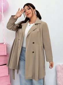 SHEIN MOD Plus Double Breasted Pleated Hem Belted Coat - Khaki - View 5