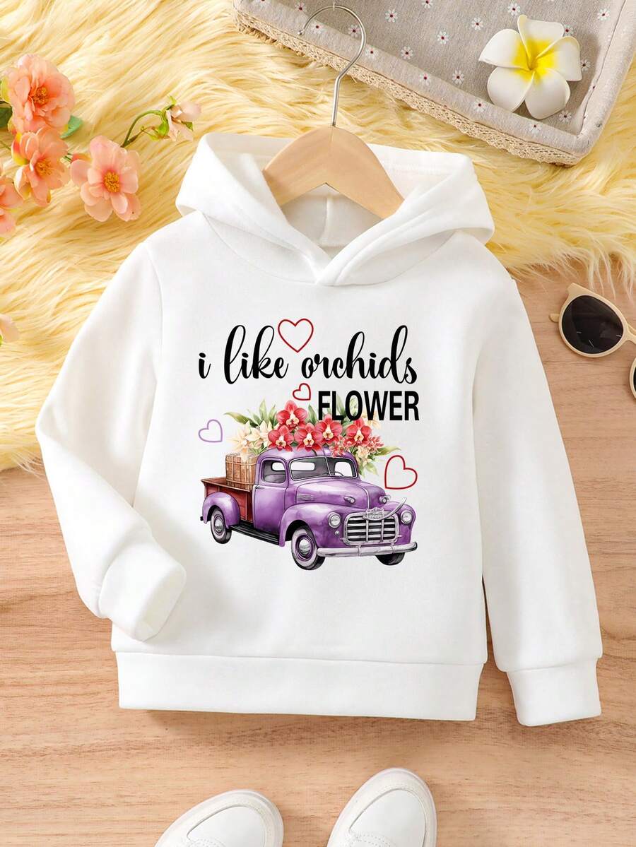 SHEIN Young Girl 汽車與標語圖案保暖襯裡連帽衫