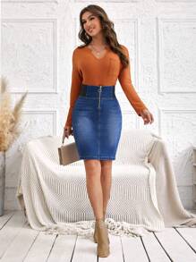 SHEIN LUNE 女式牛仔裙 - 深色水洗藍 - 查看 5