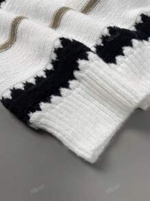 Women's Casual Striped Pattern Drop-Shoulder Loose Pullover Long-Sleeve Sweater Tops White