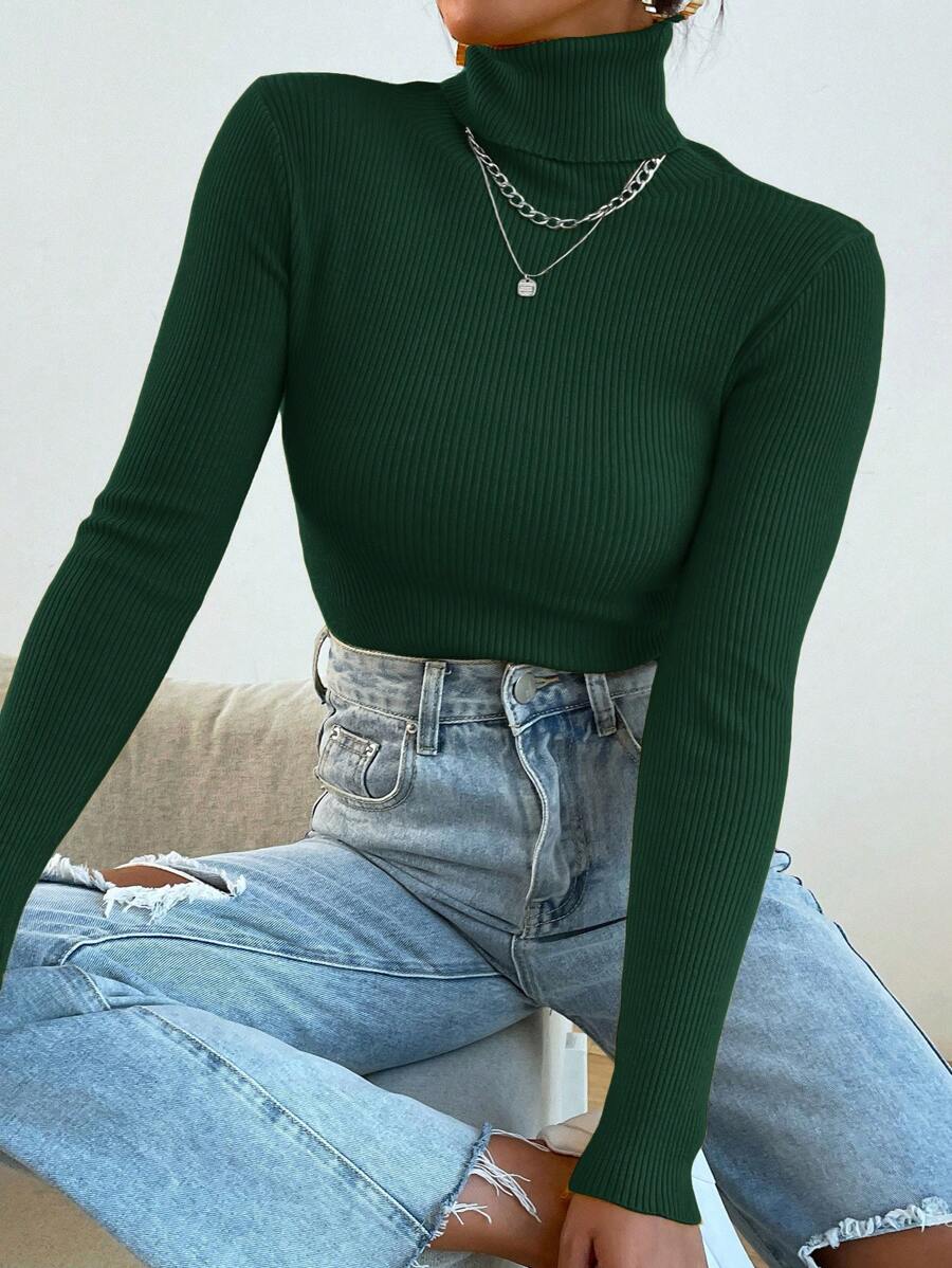 Mulvari Solid Color Turtleneck Sweater,Long Sleeve Tops Knit Pullover Fall Winter Sweater - Dark Green - View 1