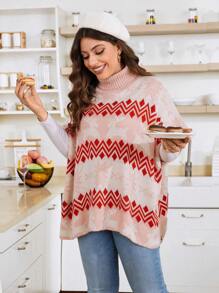 Calvaya Plus 1pc Geo & Elk Pattern Turtleneck Batwing Sleeve Sweater Knit Pullover Fall Winter Sweater - Multicolor - View 4