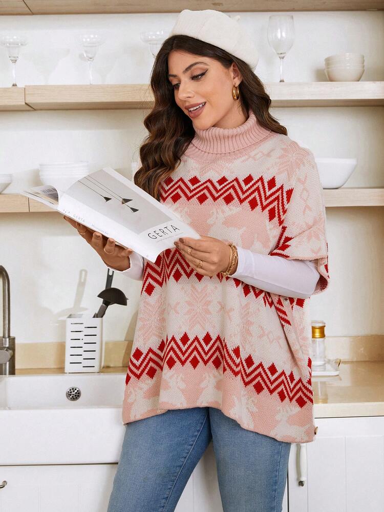 Plus 1pc Geo & Elk Pattern Turtleneck Batwing Sleeve Sweater Knit Pullover Fall Winter Sweater