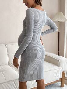 SHEIN Thai sản Scoop Cổ Đồ đan Ribbed Váy bodycon - Xám - Xem 2