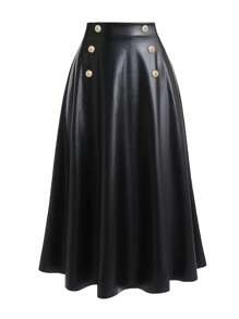 SHEIN LUNE Plus Button Detail PU Leather Flare Skirt - Black - View 1
