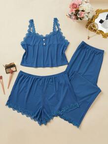 大碼女士背心上衣、短褲和長褲家居套裝 - 藍色 - 查看 1