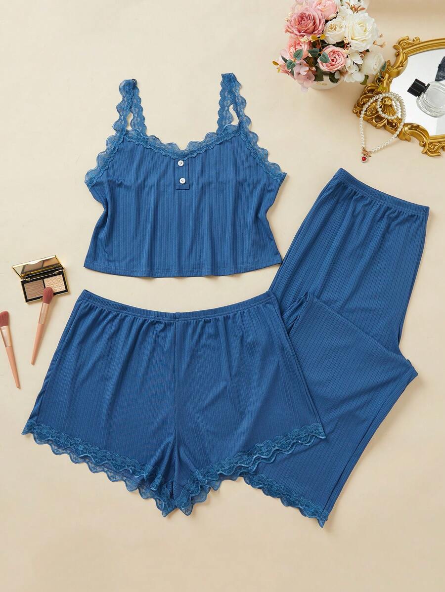 大碼女士背心上衣、短褲和長褲家居套裝 - 藍色 - 查看 1