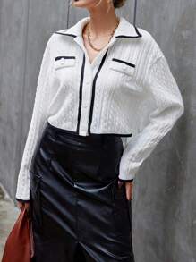 SHEIN Privé Women's Crop T-shirt With Shirt Collar, Color Blocking, Button Placket And Binding Detial - White - View 3