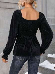 SHEIN Clasi Blusa de mujeres de manga con encaje escote V - Negro - Ver 2