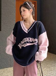 Dazy Star Suéter amplio con estampado de letra de hombros caídos - Multicolor - Ver 2