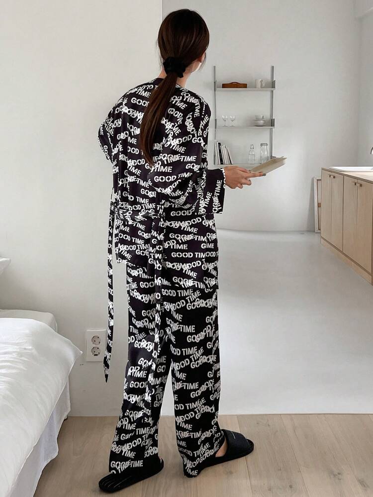 1pc Letter Graphic Belted Robe and 1pc Pants PJ Set