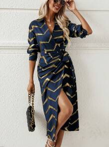 SHEIN Clasi Gold Chevron Print Knot Side Wrap Dress - Navy Blue - View 1