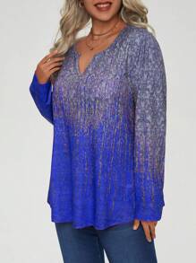 SHEIN LUNE Plus Size Color Block Notched Neckline T-Shirt - Blue - View 3