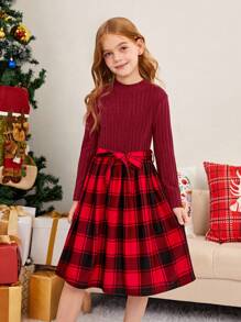 SHEIN Tween 女孩格子印花束帶連身裙 - 酒紅色 - 查看 3
