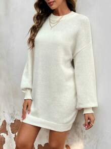 SHEIN Frenchy White Drop Shoulder Sweater Dress - Beige - View 6
