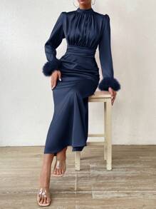 Chiquease Patchwork Ruffle Edge Pleated Half Turtleneck Dress Maxi Women Outfit - Royal Blue - View 4