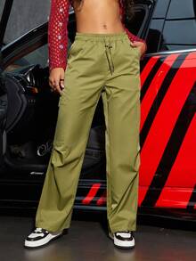 Street 純色抽繩腰袋側降落傘工裝褲 - 綠色 - 查看 5