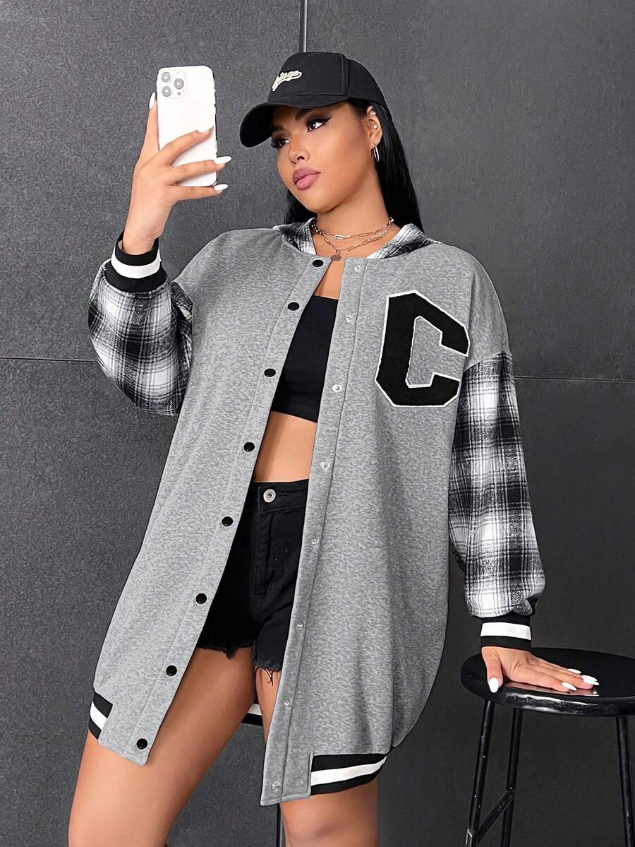 SHEIN EZwear 大码格子印花字母卫衣 - 灰色 - 查看 1