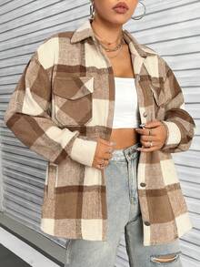 SHEIN Unity Plaid Print Drop Shoulder Coat - Khaki - View 6