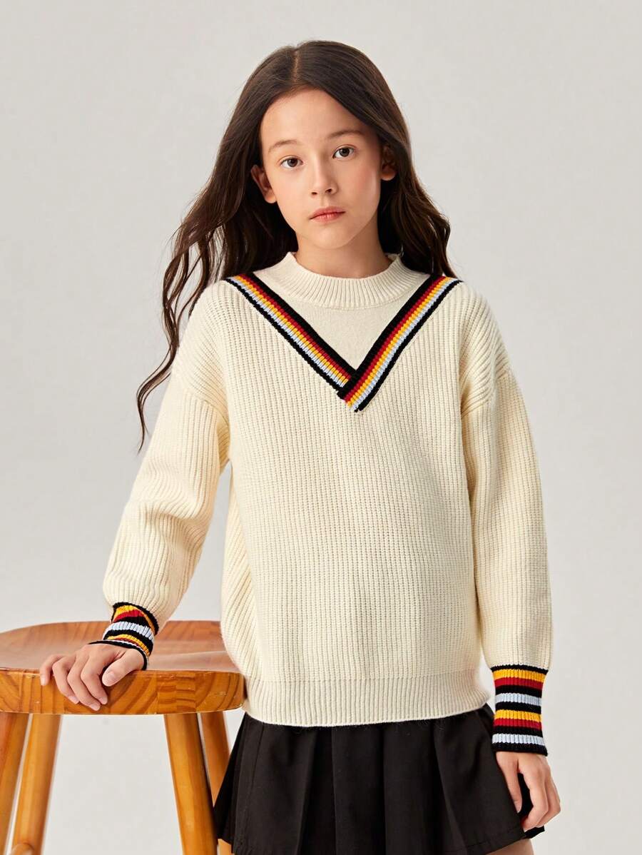 SHEIN Tween Girls Round Neck Color Block Knit Sweater With Contrast Cuffs - White - View 1