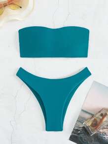 SHEIN Swim Màu thuần Áo ngực quây Bộ Bikini - Màu xanh ngọc - Xem 1