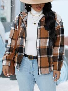 SHEIN Franclia Plus Plaid Drop Shoulder Drawstring Hooded Jacket - Multicolor - View 3