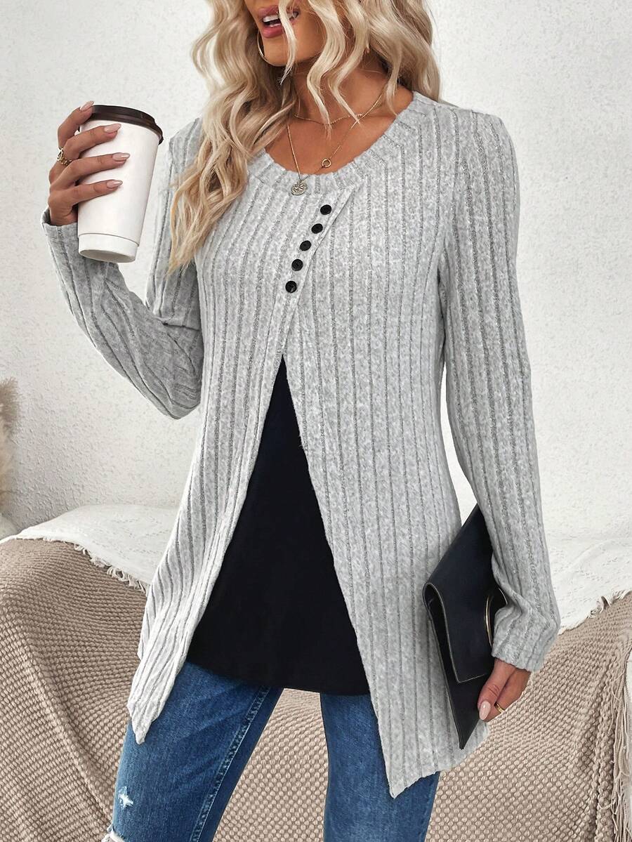 Chiquease 雙色紐扣細節T恤 - 灰色 - 查看 1