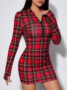 SHEIN PETITE Kẻ sọc Một nửa khóa kéo Váy bodycon Với Ngón tay cái - Đỏ - Xem 7