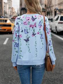 SHEIN LUNE Butterfly Print Drop Shoulder Sweatshirt - Baby Blue - View 2