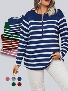Calvaya Camiseta de manga larga a rayas para mujer de talla grande, camisetas gráficas para mujer, tops para primavera - Azul y blanco - Ver 1