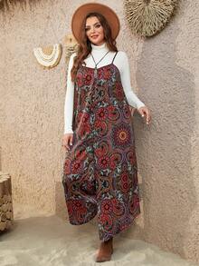 SHEIN VCAY Của phụ nữ Kích thước lớn In thực vật Áo liền quần Với Dây đai mỏng - Nhiều màu - Xem 5