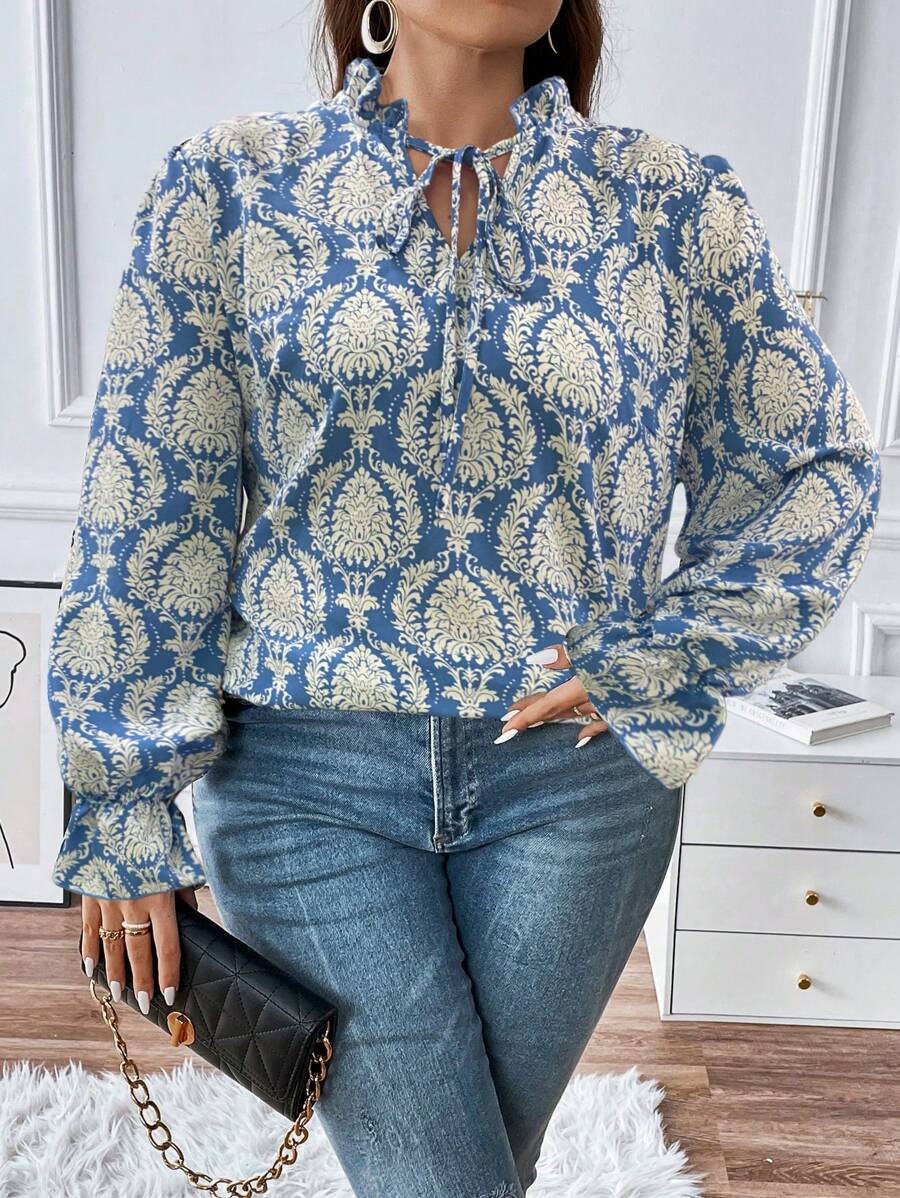SHEIN Franclia Plus Allover Print Tie Neck Flare Sleeve Blouse - Multicolor - View 1