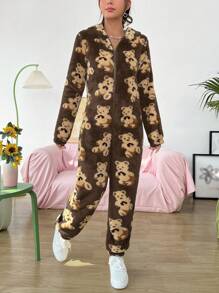SHEIN EZwear Bear Pattern 3D Ear Design Hooded Zipper Front Flannel Jumpsuit - Coffee Brown - View 4