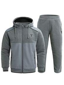 Men's Spliced Fabric Thermal Lined Jacket And Pants Set - Grey - View 3