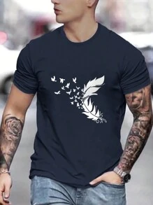 男款羽毛印花短袖 T 卹 - 藏蓝色 - 查看 1