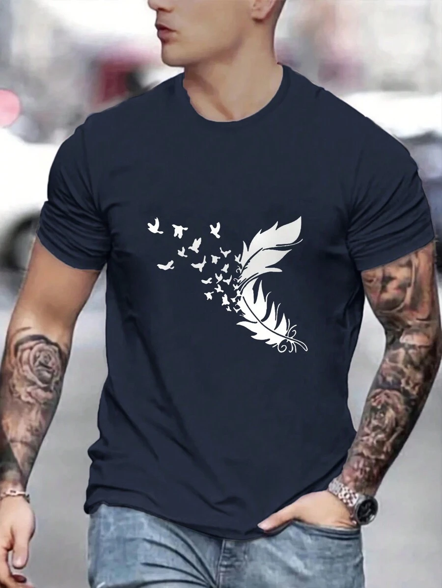 男款羽毛印花短袖 T 卹 - 藏蓝色 - 查看 1