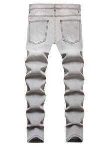 Manfinity Roughcore 男士石洗仿舊破洞牛仔褲 - 淺灰色 - 查看 2