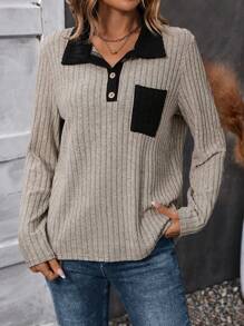 SHEIN LUNE Vá lại Cổ bẻ Tương phản Màu sắc Dài tay Áo thun - Nhiều màu - Xem 4