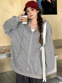 DAZY Chất rắn Thả vai Dây rút Hoodie - Màu Xám nhạt - Xem 4