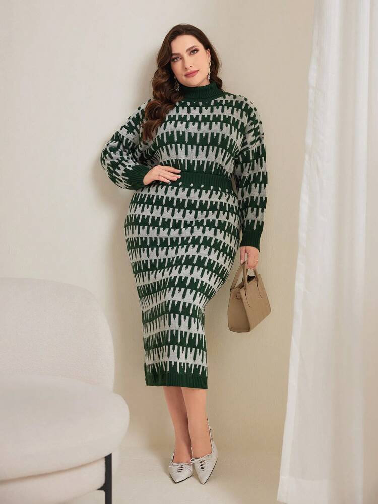 Women's Plus Size Geometric Pattern High-Neck Sweater And Knitted Skirt Set 2 Piece Set