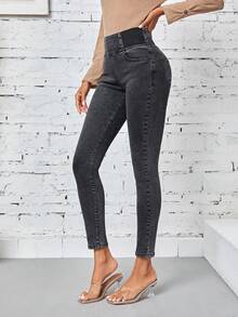 SHEIN LUNE Của phụ nữ Quần jean ôm Với Túi - Xám - Xem 5