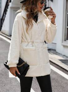 SHEIN Clasi Zweifachtasche mit Kordelzug Taille Teddy gefütterte gefütterte Jacke Winterkleidung - Weiss - Übersicht 3