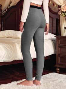Pantalones largos térmicos de mujer de color gris oscuro liso con estiramiento medio y ribete de contraste - Gris Oscuro - Ver 2