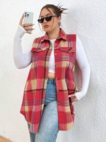 Calvaya Plus Plaid Print Flap Detail Sleeveless Coat - Multicolor - View 7