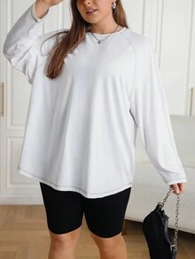 SHEIN EZwear Plus Size Raglan Sleeve T-Shirt - White - View 5