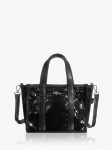 SHEIN SXY 女時尚經典黑色亮片頂部提把單肩包 - 黑色 - 查看 4