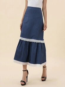 SHEIN Privé 撞色孔眼刺繡飾邊荷葉邊下擺半身裙 - 藏蓝色 - 查看 4